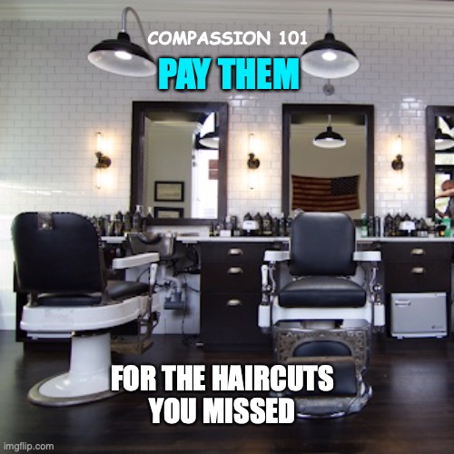 JUST BECAUSE YOU ARE A NICE HUMAN | COMPASSION 101; PAY THEM; FOR THE HAIRCUTS
YOU MISSED | image tagged in haircut,covid-19,be kind,barber,quarantine,nice | made w/ Imgflip meme maker
