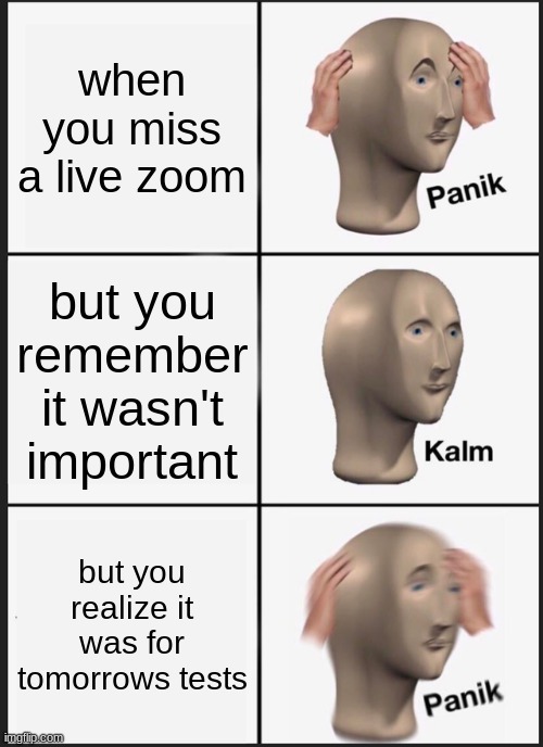 PANIK! | when you miss a live zoom; but you remember it wasn't important; but you realize it was for tomorrows tests | image tagged in memes,panik kalm panik | made w/ Imgflip meme maker