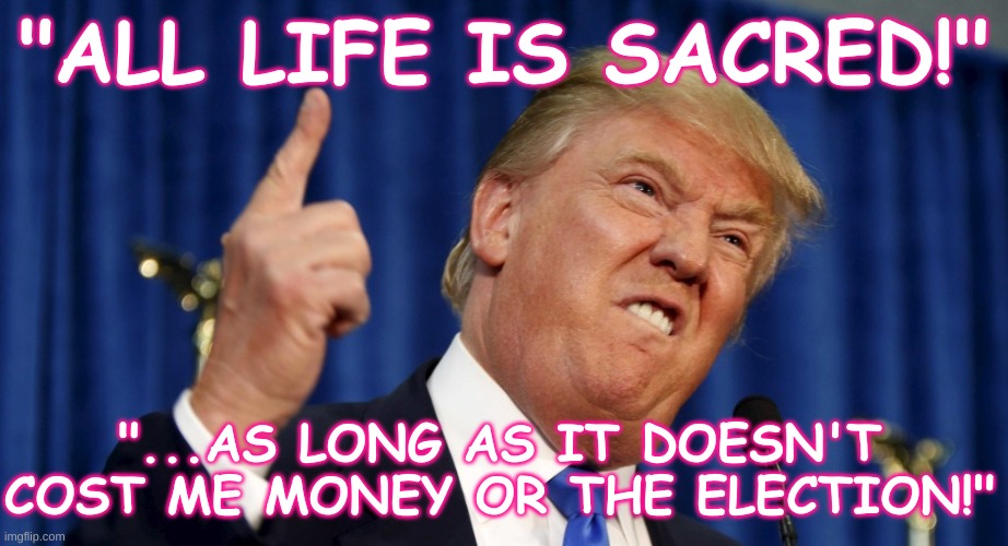 Trump isn’t sacred | "ALL LIFE IS SACRED!"; "...AS LONG AS IT DOESN'T COST ME MONEY OR THE ELECTION!" | image tagged in angry trump,sacred,trump,hypocrite | made w/ Imgflip meme maker