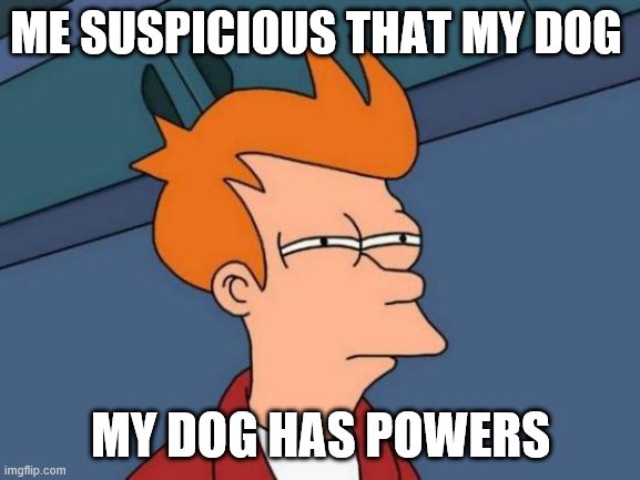 Futurama Fry | ME SUSPICIOUS THAT MY DOG; MY DOG HAS POWERS | image tagged in memes,futurama fry | made w/ Imgflip meme maker