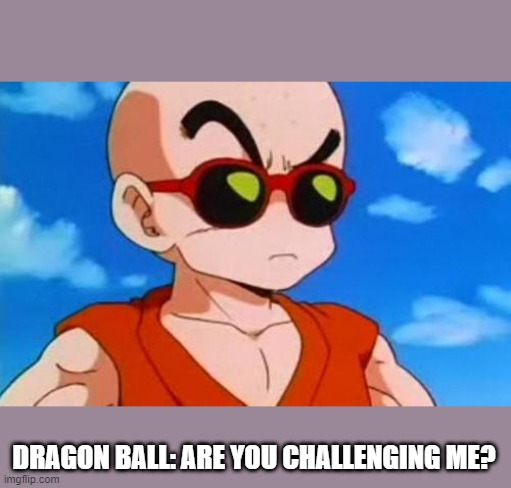 Dragon Ball Z Krillin Swag | DRAGON BALL: ARE YOU CHALLENGING ME? | image tagged in dragon ball z krillin swag | made w/ Imgflip meme maker