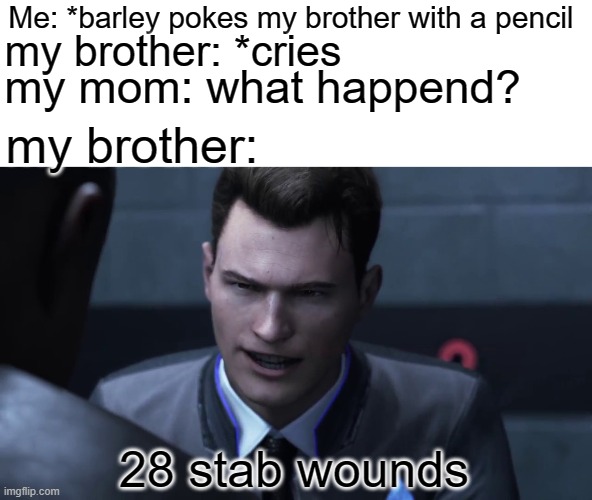 28 stab wounds | Me: *barley pokes my brother with a pencil; my brother: *cries; my mom: what happend? my brother:; 28 stab wounds | image tagged in 28 stab wounds | made w/ Imgflip meme maker