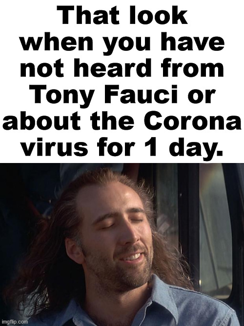 We all need a break from the propaganda from media and TV ads. | That look when you have not heard from Tony Fauci or about the Corona virus for 1 day. | image tagged in nicholas cage,that look you give,peaceful | made w/ Imgflip meme maker