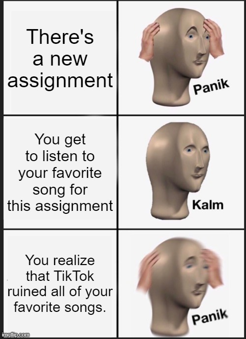 TikTok ruins songs | There's a new assignment; You get to listen to your favorite song for this assignment; You realize that TikTok ruined all of your favorite songs. | image tagged in memes,panik kalm panik | made w/ Imgflip meme maker