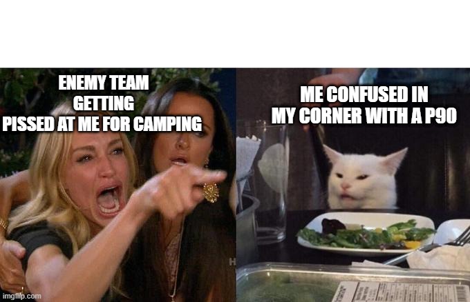 Woman Yelling At Cat | ENEMY TEAM GETTING PISSED AT ME FOR CAMPING; ME CONFUSED IN MY CORNER WITH A P90 | image tagged in memes,woman yelling at cat | made w/ Imgflip meme maker