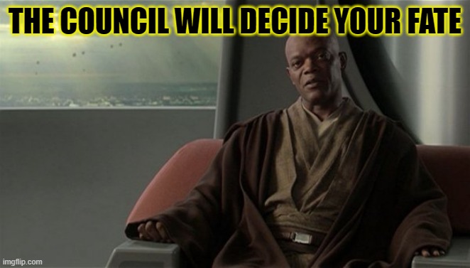 Mace Windu Jedi Council | THE COUNCIL WILL DECIDE YOUR FATE | image tagged in mace windu jedi council | made w/ Imgflip meme maker