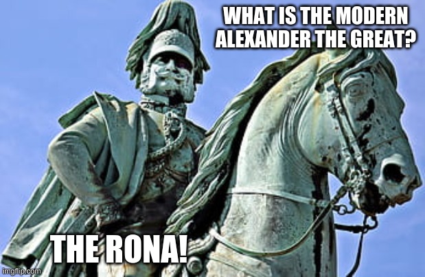 WHAT IS THE MODERN
ALEXANDER THE GREAT? THE RONA! | image tagged in memes,coronavirus | made w/ Imgflip meme maker