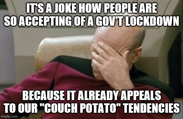 Captain Picard Facepalm Meme | IT'S A JOKE HOW PEOPLE ARE SO ACCEPTING OF A GOV'T LOCKDOWN BECAUSE IT ALREADY APPEALS TO OUR "COUCH POTATO" TENDENCIES | image tagged in memes,captain picard facepalm | made w/ Imgflip meme maker