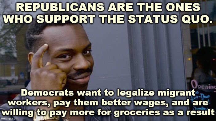 Democrats don't support modern slave-like conditions in non-mechanized agriculture. Republicans do. | REPUBLICANS ARE THE ONES WHO SUPPORT THE STATUS QUO. Democrats want to legalize migrant workers, pay them better wages, and are willing to pay more for groceries as a result | image tagged in roll safe think about it,trump immigration policy,illegal immigrants,migrants,immigration,farming | made w/ Imgflip meme maker