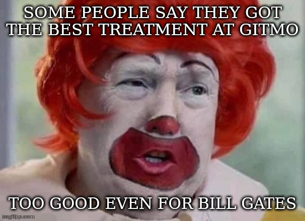 clown T | SOME PEOPLE SAY THEY GOT THE BEST TREATMENT AT GITMO TOO GOOD EVEN FOR BILL GATES | image tagged in clown t | made w/ Imgflip meme maker