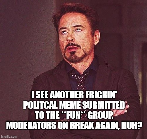 I missed again, ah, ah-ah, ah-ha, I think I missed again, ah-ha-ah. | I SEE ANOTHER FRICKIN' POLITCAL MEME SUBMITTED TO THE **FUN** GROUP. MODERATORS ON BREAK AGAIN, HUH? | image tagged in robert downey jr annoyed,politics,fun,moderators | made w/ Imgflip meme maker