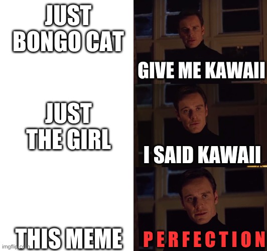 perfection | JUST BONGO CAT THIS MEME JUST THE GIRL I SAID KAWAII GIVE ME KAWAII P E R F E C T I O N | image tagged in perfection | made w/ Imgflip meme maker