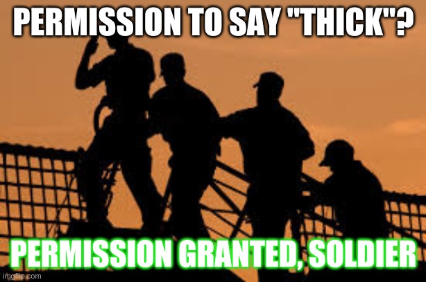 Request permission to come aboard | PERMISSION TO SAY "THICK"? PERMISSION GRANTED, SOLDIER | image tagged in request permission to come aboard | made w/ Imgflip meme maker