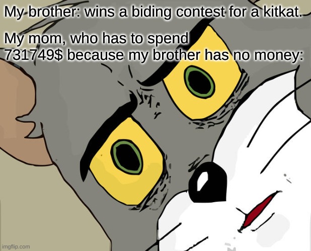 An everyday meme, again | My brother: wins a biding contest for a kitkat. My mom, who has to spend 731749$ because my brother has no money: | image tagged in memes,unsettled tom | made w/ Imgflip meme maker