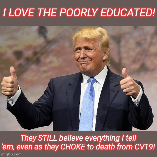 'The Donald Has A Plan For Grandma,Grampa,Mommy,Daddy,Auntie,Uncle,Johnny & Jane!' | I LOVE THE POORLY EDUCATED! They STILL believe everything I tell 'em, even as they CHOKE to death from CV19! | image tagged in donald trump,coronavirus,plan,deaths | made w/ Imgflip meme maker