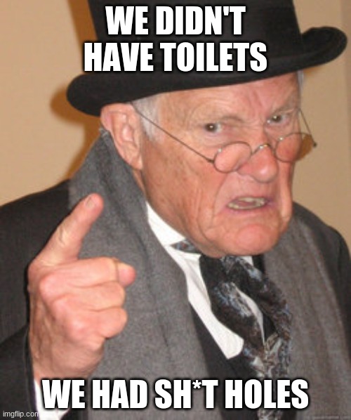 back in may day boomers | WE DIDN'T HAVE TOILETS; WE HAD SH*T HOLES | image tagged in memes,back in my day | made w/ Imgflip meme maker