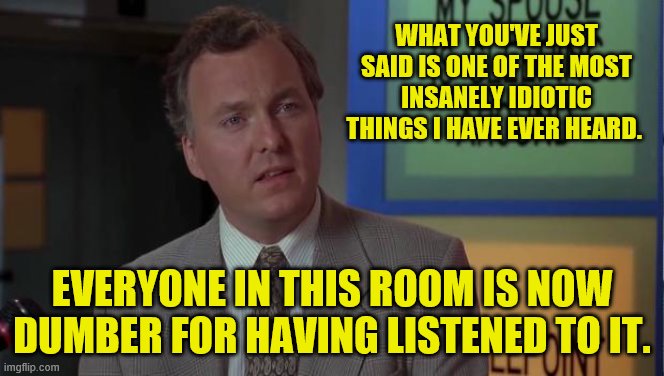 Billy Madison Speech | WHAT YOU'VE JUST SAID IS ONE OF THE MOST INSANELY IDIOTIC THINGS I HAVE EVER HEARD. EVERYONE IN THIS ROOM IS NOW DUMBER FOR HAVING LISTENED  | image tagged in billy madison speech | made w/ Imgflip meme maker