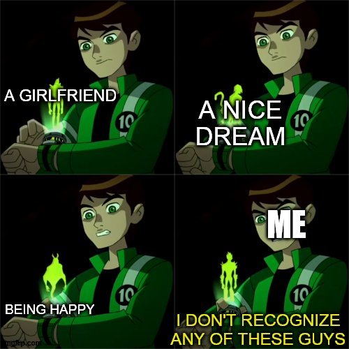 nice buddy |  A GIRLFRIEND; A NICE DREAM; ME; BEING HAPPY | image tagged in ben 10 don't recognize,depression,sad,ben 10,me irl | made w/ Imgflip meme maker
