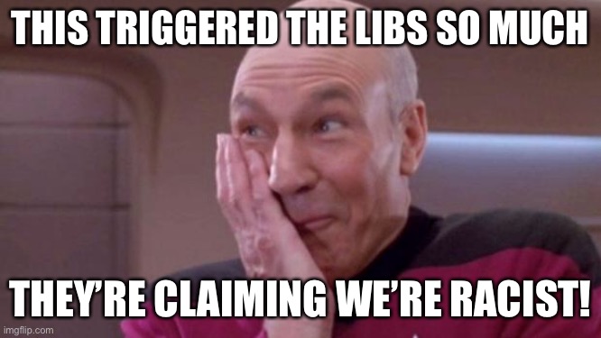 picard oops | THIS TRIGGERED THE LIBS SO MUCH THEY’RE CLAIMING WE’RE RACIST! | image tagged in picard oops | made w/ Imgflip meme maker