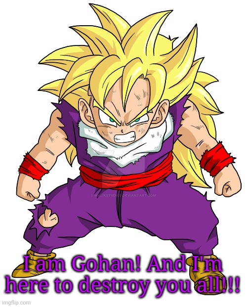 SSJ Kid Gohan | I am Gohan! And I'm here to destroy you all!!! | image tagged in ssj kid gohan | made w/ Imgflip meme maker