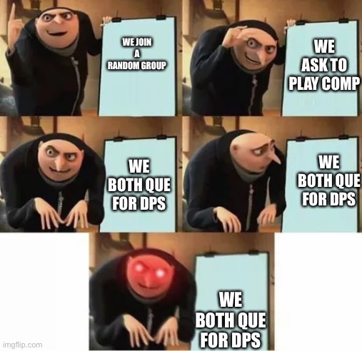 Gru's plan (red eyes edition) | WE ASK TO PLAY COMP; WE JOIN A RANDOM GROUP; WE BOTH QUE FOR DPS; WE BOTH QUE FOR DPS; WE BOTH QUE FOR DPS | image tagged in gru's plan red eyes edition | made w/ Imgflip meme maker