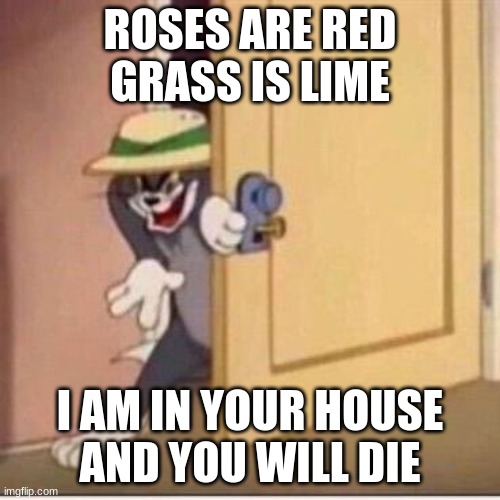 Sneaky tom | ROSES ARE RED
GRASS IS LIME; I AM IN YOUR HOUSE
AND YOU WILL DIE | image tagged in sneaky tom | made w/ Imgflip meme maker