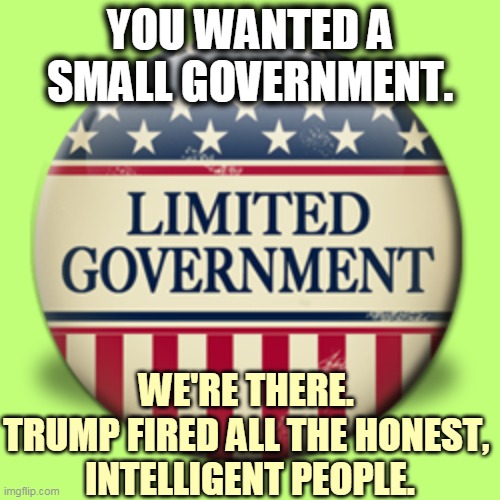 If this government got any more limited, it could walk under a duck. | YOU WANTED A SMALL GOVERNMENT. WE'RE THERE. 
TRUMP FIRED ALL THE HONEST, 
INTELLIGENT PEOPLE. | image tagged in trump,government,stupid,incompetence | made w/ Imgflip meme maker