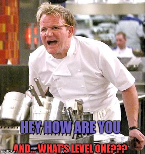 Chef Gordon Ramsay Meme | HEY HOW ARE YOU; AND... WHAT'S LEVEL ONE??? | image tagged in memes,chef gordon ramsay | made w/ Imgflip meme maker