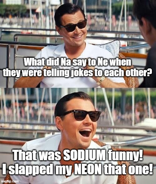 Leonardo Dicaprio Wolf Of Wall Street | What did Na say to Ne when they were telling jokes to each other? That was SODIUM funny! I slapped my NEON that one! | image tagged in memes,leonardo dicaprio wolf of wall street | made w/ Imgflip meme maker
