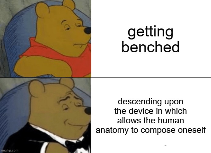 ah yes the resting device for the bottom | getting benched; descending upon the device in which allows the human anatomy to compose oneself | image tagged in memes,tuxedo winnie the pooh,botism,basketball,goat | made w/ Imgflip meme maker