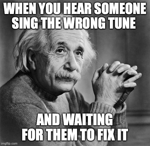 Larya's funny music meme | WHEN YOU HEAR SOMEONE SING THE WRONG TUNE; AND WAITING FOR THEM TO FIX IT | image tagged in einstein | made w/ Imgflip meme maker
