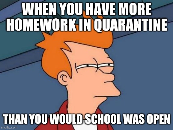 Futurama Fry | WHEN YOU HAVE MORE HOMEWORK IN QUARANTINE; THAN YOU WOULD SCHOOL WAS OPEN | image tagged in memes,futurama fry | made w/ Imgflip meme maker