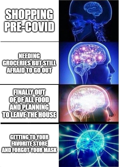 More COVID Shopping | SHOPPING PRE-COVID; NEEDING GROCERIES BUT STILL AFRAID TO GO OUT; FINALLY OUT OF OF ALL FOOD AND PLANNING TO LEAVE THE HOUSE; GETTING TO YOUR FAVORITE STORE AND FORGOT YOUR MASK | image tagged in memes,expanding brain | made w/ Imgflip meme maker