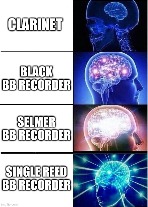 Expanding Brain Meme | CLARINET; BLACK
BB RECORDER; SELMER BB RECORDER; SINGLE REED BB RECORDER | image tagged in memes,expanding brain | made w/ Imgflip meme maker