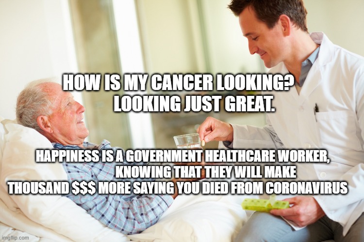 Healthcare | HOW IS MY CANCER LOOKING?                LOOKING JUST GREAT. HAPPINESS IS A GOVERNMENT HEALTHCARE WORKER,                   KNOWING THAT THEY WILL MAKE THOUSAND $$$ MORE SAYING YOU DIED FROM CORONAVIRUS | image tagged in healthcare | made w/ Imgflip meme maker