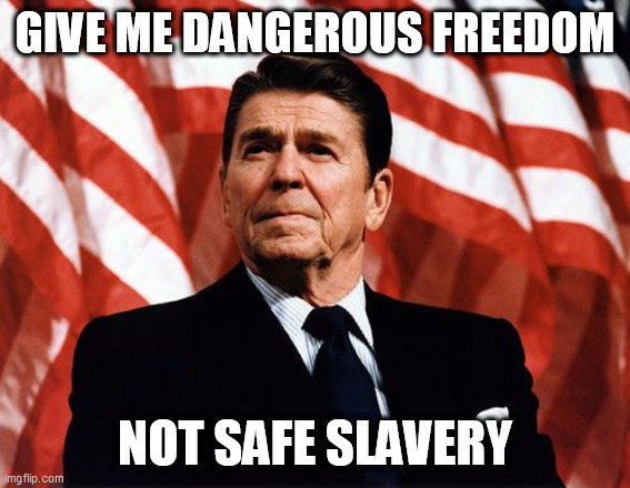 The Great One | GIVE ME DANGEROUS FREEDOM; NOT SAFE SLAVERY | image tagged in reagan,trump,memes,meme,democrat,republican | made w/ Imgflip meme maker