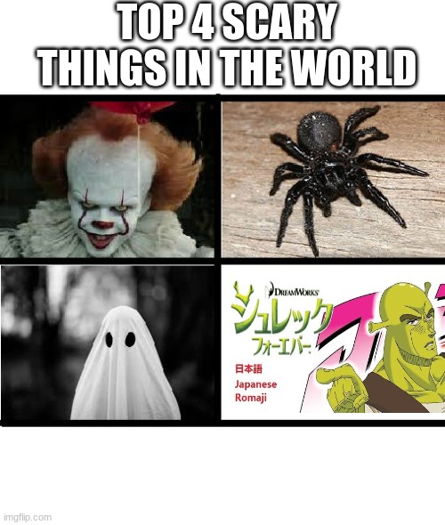 most scary things... |  TOP 4 SCARY THINGS IN THE WORLD | image tagged in 4 scary things,shreck | made w/ Imgflip meme maker