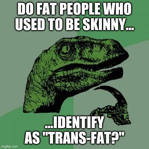 Things that keep me up at night | DO FAT PEOPLE WHO USED TO BE SKINNY... ...IDENTIFY AS "TRANS-FAT?" | image tagged in memes,philosoraptor,things that keep me up at night | made w/ Imgflip meme maker