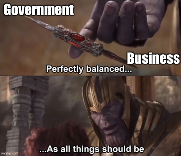 A balanced government doesn't favor either private or public interests, but keeps both in check for the good of all citizens. | Government Business | image tagged in thanos perfectly balanced as all things should be,government,business,politics,political meme,tyranny | made w/ Imgflip meme maker