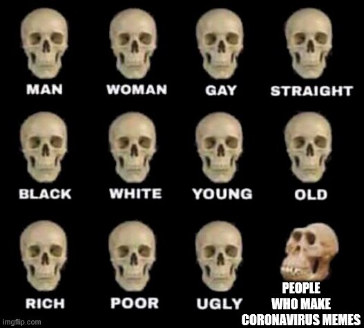 man woman gay straight skull | PEOPLE WHO MAKE CORONAVIRUS MEMES | image tagged in man woman gay straight skull,coronavirus,coronavirus meme,beating a dead horse | made w/ Imgflip meme maker