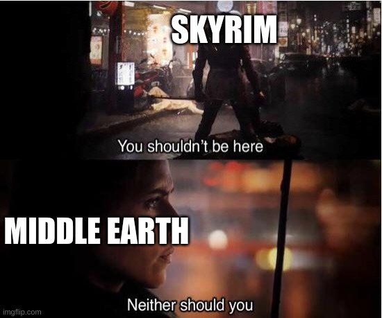 You shouldn't be here, Neither should you | SKYRIM MIDDLE EARTH | image tagged in you shouldn't be here neither should you | made w/ Imgflip meme maker