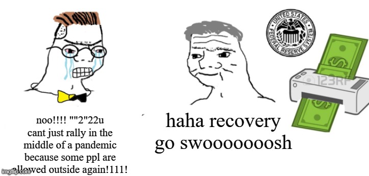 Haha money printer go brrr | noo!!!! ""2"22u cant just rally in the middle of a pandemic because some ppl are allowed outside again!111! haha recovery go swooooooosh | image tagged in haha money printer go brrr,wallstreetbets | made w/ Imgflip meme maker