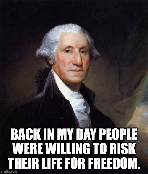George Washington wanted the USA to be free. Lets make it that way again. | BACK IN MY DAY PEOPLE WERE WILLING TO RISK THEIR LIFE FOR FREEDOM. | image tagged in memes,george washington | made w/ Imgflip meme maker