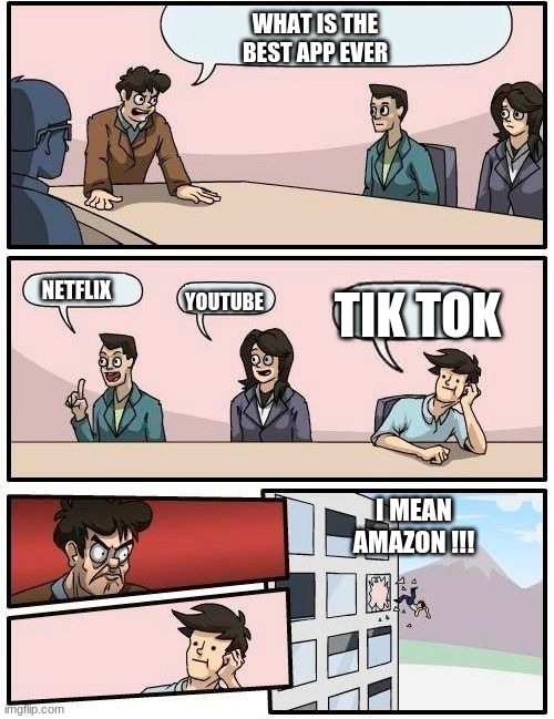WHAT IS THE BEST APP EVER; NETFLIX; YOUTUBE; TIK TOK; I MEAN AMAZON !!! | image tagged in funny | made w/ Imgflip meme maker