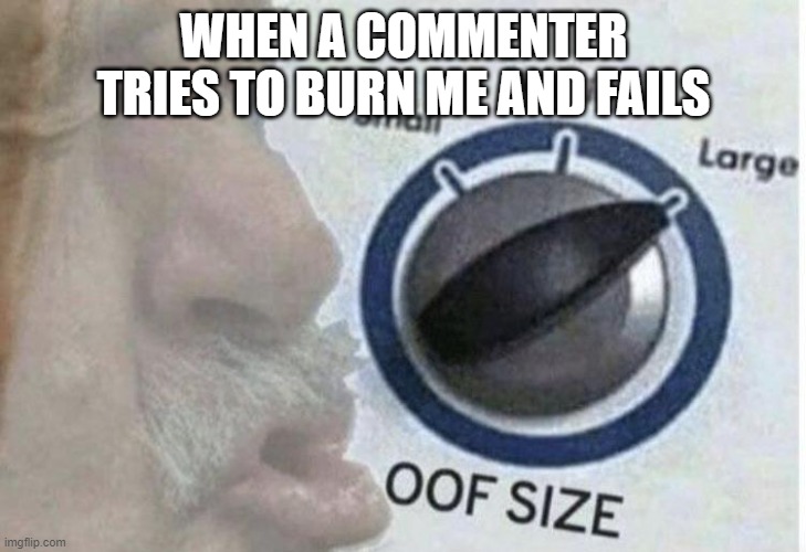 Oof size large | WHEN A COMMENTER TRIES TO BURN ME AND FAILS | image tagged in oof size large | made w/ Imgflip meme maker