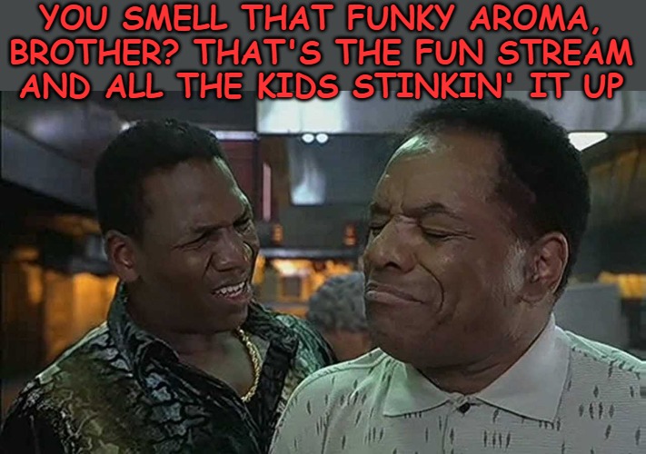 YOU SMELL THAT FUNKY AROMA, BROTHER? THAT'S THE FUN STREAM AND ALL THE KIDS STINKIN' IT UP | image tagged in fun,friday after next,imgflip | made w/ Imgflip meme maker