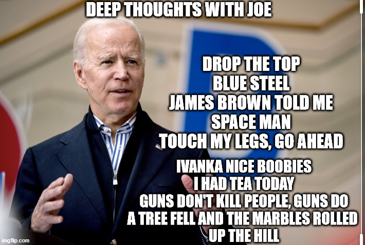 Deep Thoughts With Joe | DEEP THOUGHTS WITH JOE; DROP THE TOP
BLUE STEEL
JAMES BROWN TOLD ME
SPACE MAN
TOUCH MY LEGS, GO AHEAD; IVANKA NICE BOOBIES
I HAD TEA TODAY
GUNS DON'T KILL PEOPLE, GUNS DO
A TREE FELL AND THE MARBLES ROLLED 
UP THE HILL | image tagged in confused joe biden,joe biden,obamagate | made w/ Imgflip meme maker