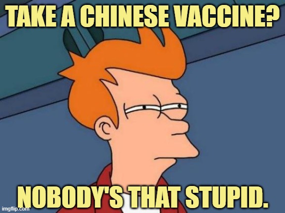 Only Liberals are that stupid. Yes they are. | TAKE A CHINESE VACCINE? NOBODY'S THAT STUPID. | image tagged in memes,futurama fry | made w/ Imgflip meme maker