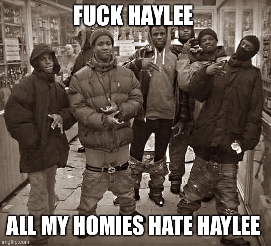 Fuck ___, All My Homies Hate ____ template | FUCK HAYLEE; ALL MY HOMIES HATE HAYLEE | image tagged in fuck ___ all my homies hate ____ template | made w/ Imgflip meme maker