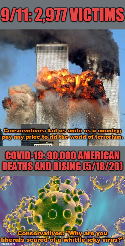 GOP logic: Then and now. Remember 9/11 truthers? Now their modern equivalents run the place. | 9/11: 2,977 VICTIMS; Conservatives: Let us unite as a country; pay any price to rid the world of terrorism. COVID-19: 90,000 AMERICAN DEATHS AND RISING (5/18/20); Conservatives: "Why are you liberals scared of a whittle icky virus?" | image tagged in 9/11,coronavirus,conservative logic,patriotism,covid-19,death | made w/ Imgflip meme maker